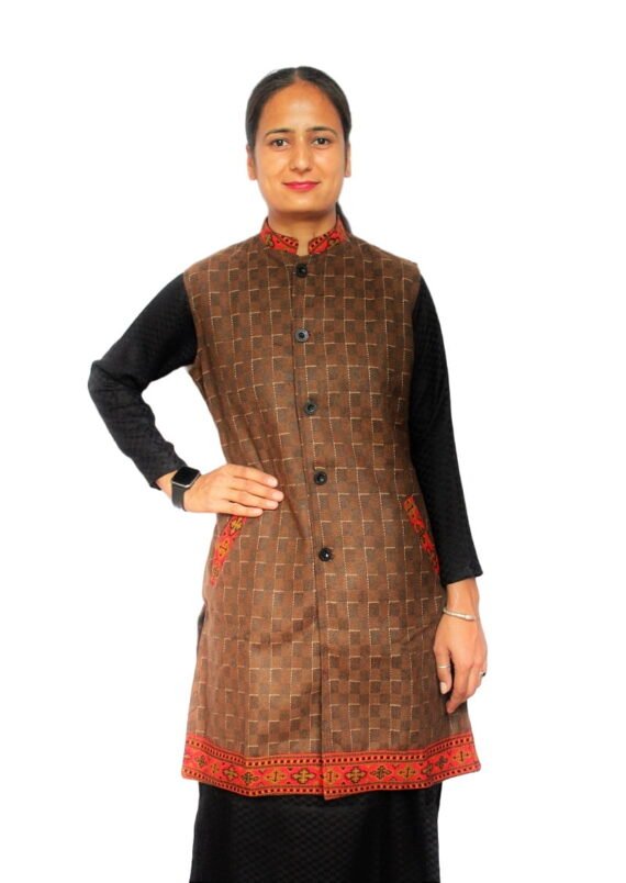 Women Winter Long Jacket with Beautiful Kullu Patti - Brown