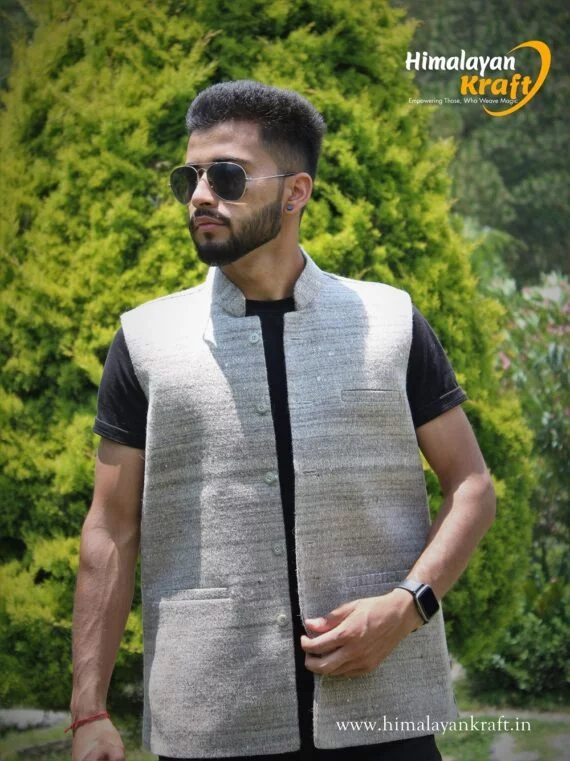 Local Sheep Wool Nehru Jacket For Men's - White Grey