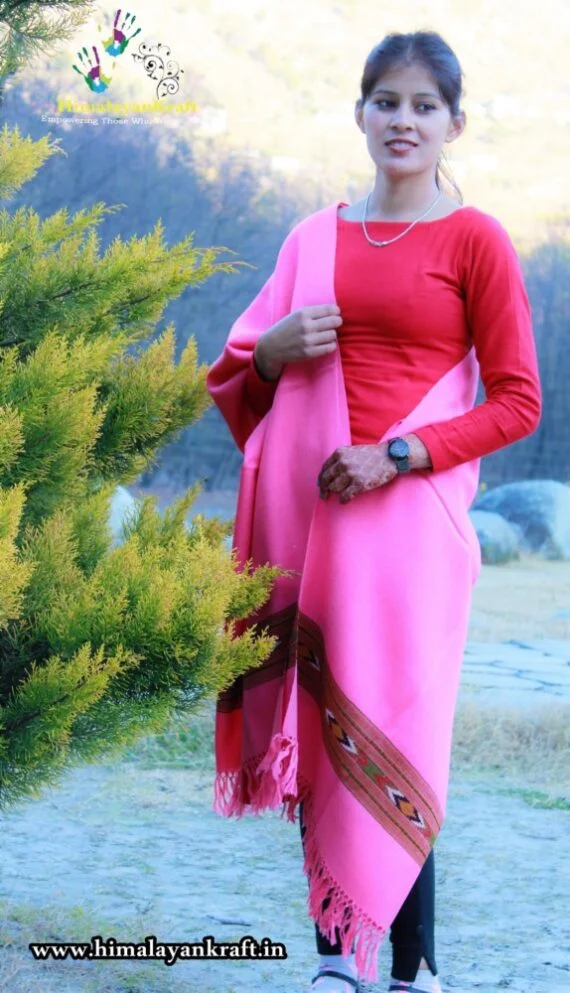 Pink Hand Woven Pure Wool Indian Shawl Himachal Handloom