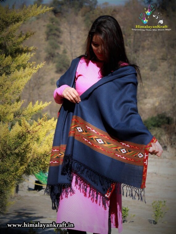 Blue Hand Woven Kullu Design Handloom Pure Wool Shawl