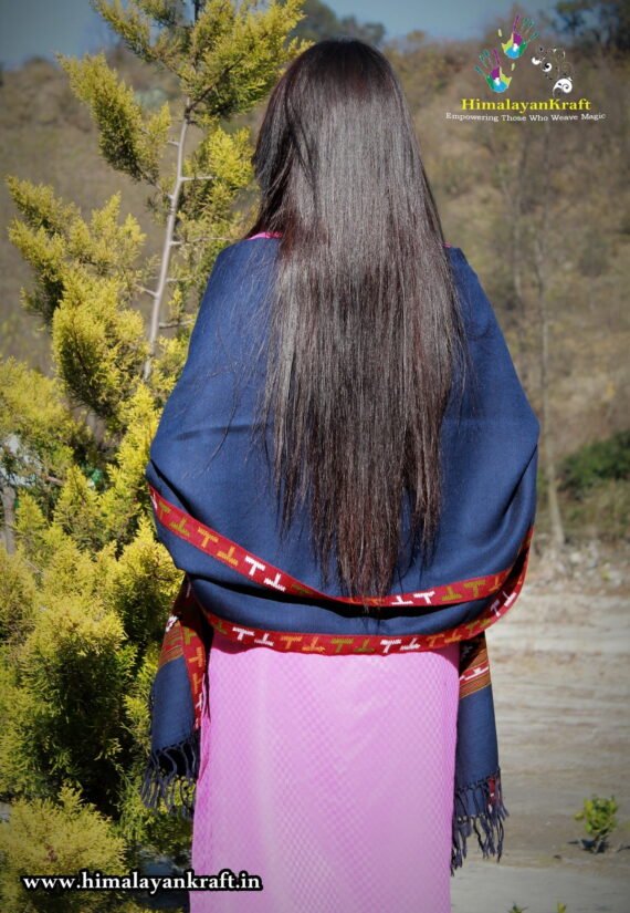 Blue Hand Woven Kullu Design Handloom Pure Wool Shawl
