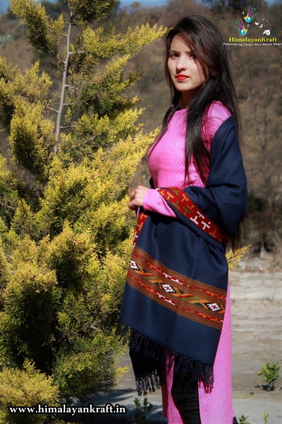 Blue Hand Woven Kullu Design Handloom Pure Wool Shawl