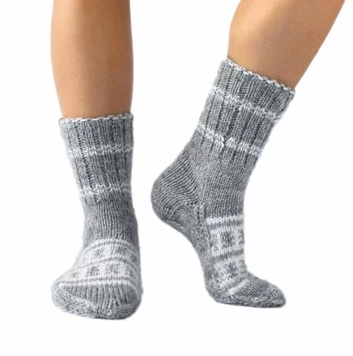 Hand Knitted Kullu Design Unisex Ankle Socks - Light Grey
