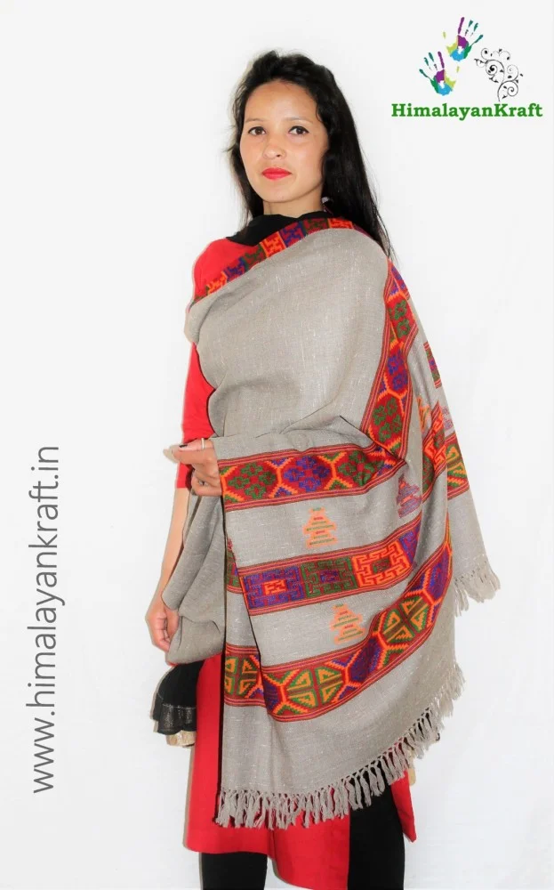 Grey Pure Wool Kullu Handloom Shawl Deep Kinnauri Design