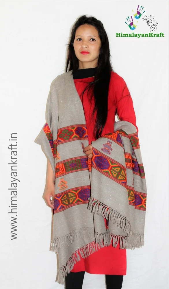 Grey Pure Wool Kullu Handloom Shawl Deep Kinnauri Design