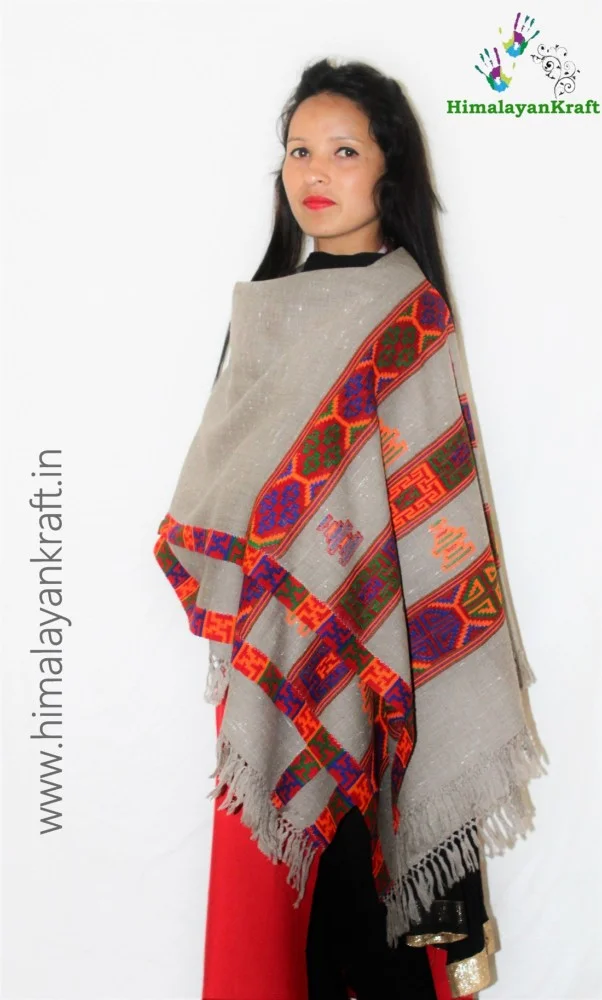 Grey Pure Wool Kullu Handloom Shawl Deep Kinnauri Design