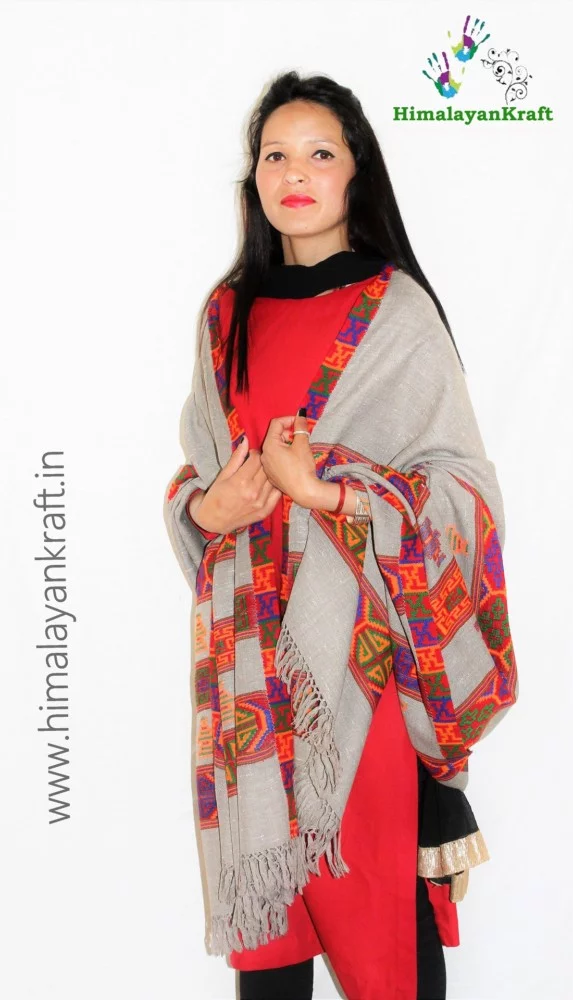 Grey Pure Wool Kullu Handloom Shawl Deep Kinnauri Design