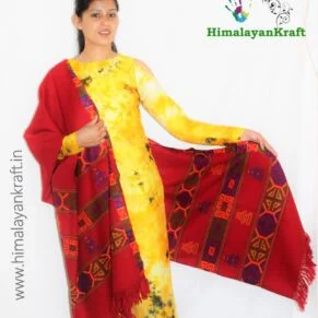 Red Pure Wool Kullu Handloom Shawl Deep Kinnauri Design