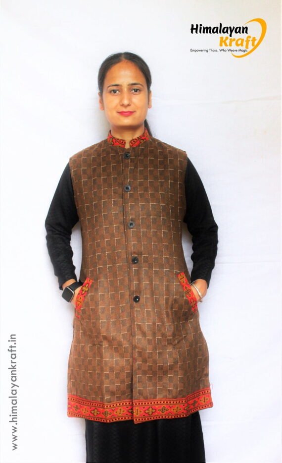 Women Winter Long Jacket with Beautiful Kullu Patti - Brown