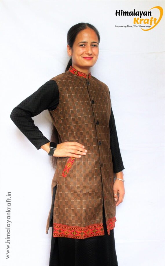 Women Winter Long Jacket with Beautiful Kullu Patti - Brown