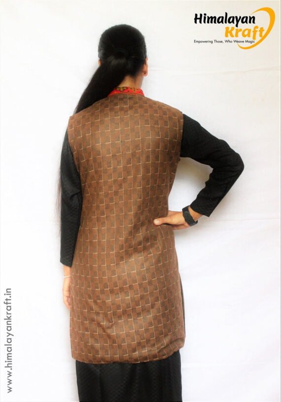 Women Winter Long Jacket with Beautiful Kullu Patti - Brown