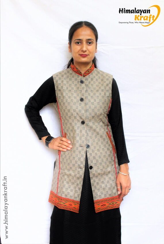 Women Winter Long Jacket with Beautiful Kullu Patti - Checked