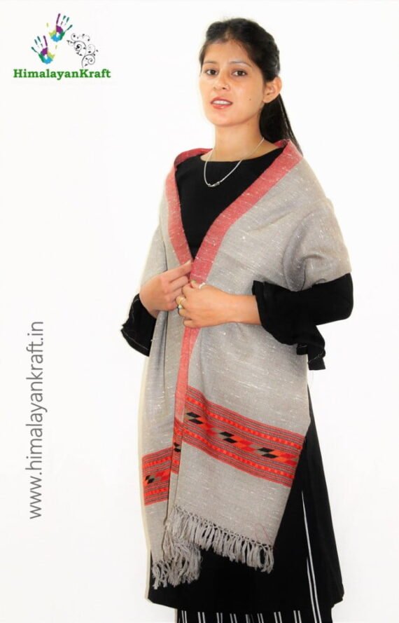 Grey Kullu Handloom Woven Pure Wool Stole Scarf For Women