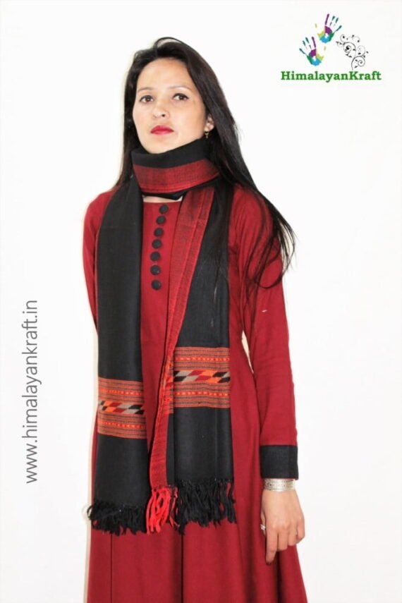 Black Kullu Handloom Woven Pure Wool Stole