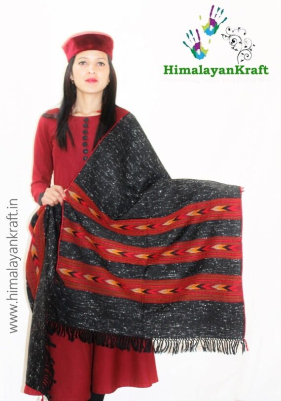 Black Hand Woven Pure Wool Kullu Stole 3 Patti