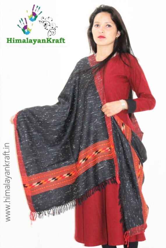 Black Kullu Handloom Woven Pure Wool Stole Fringed