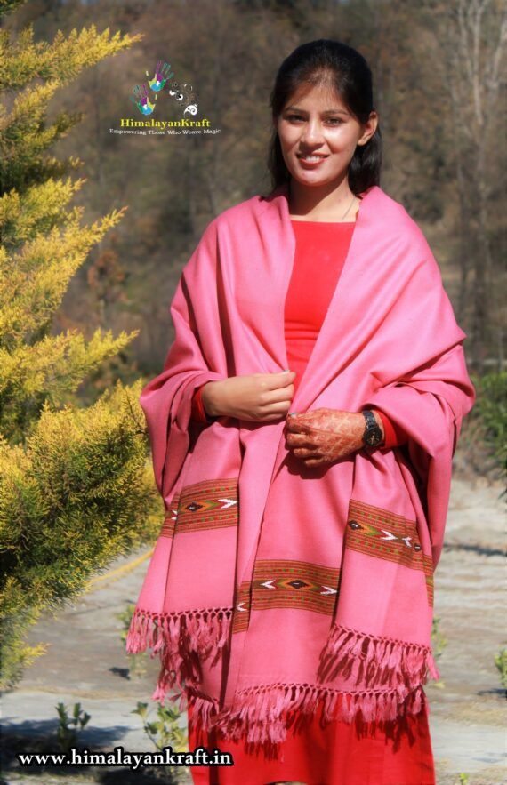 Kullu Handloom Pure Wool Kullu Design Pattern Shawl - Pink