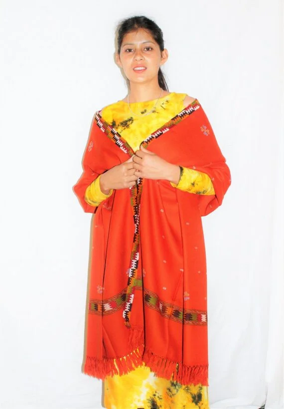 Red Kangu Design Wool Woven Kullu Shawl