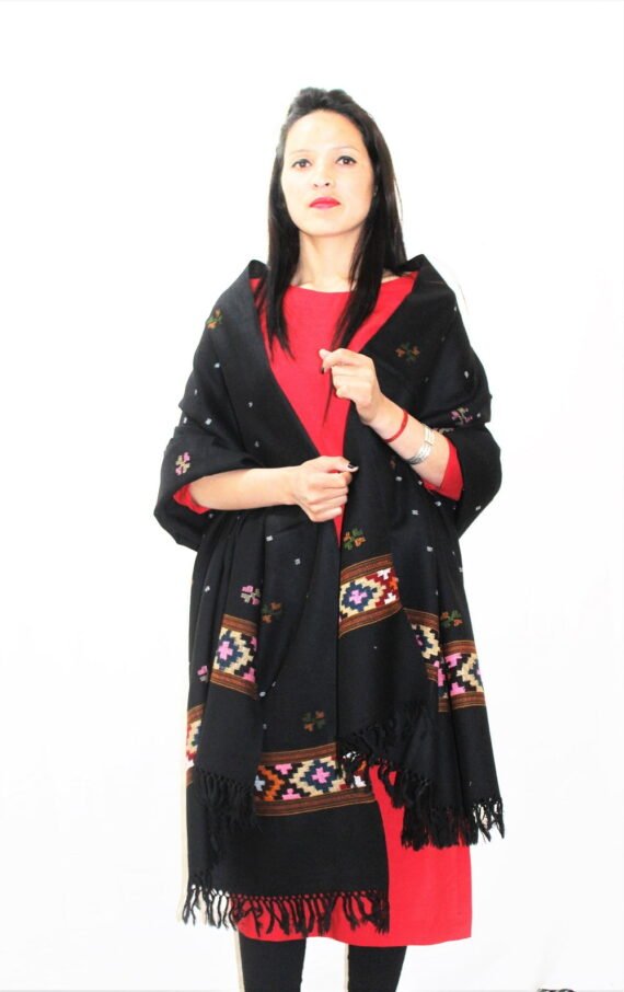 Black Traditional Design Wool Kullu Shawl