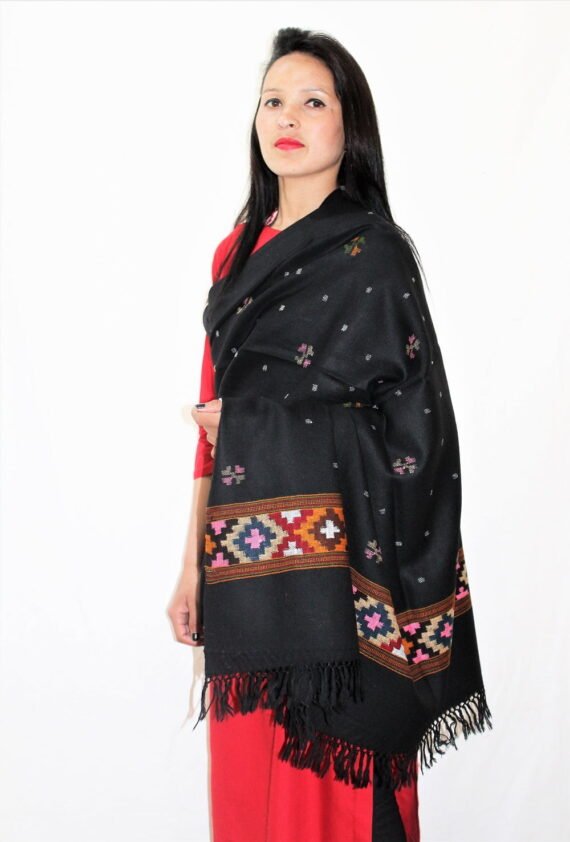 Black Traditional Design Wool Kullu Shawl