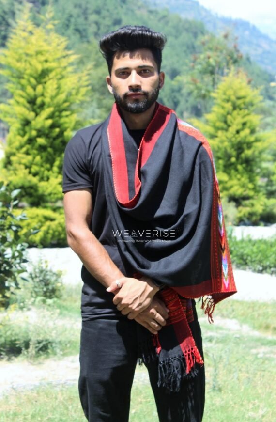 Black Kingri Design Hand-loom Woven Wool Stole Scarf for Men