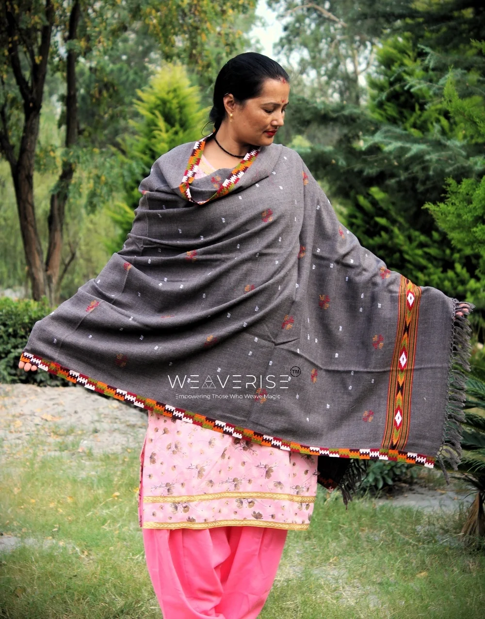 Authentic Kullu Traditional Design Grey Shawl Fine Wool