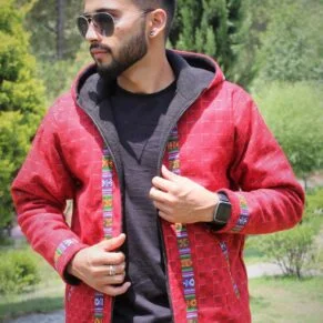 Woolen Comfy Kullu Design Pahadi Zipper Hoodie - Red